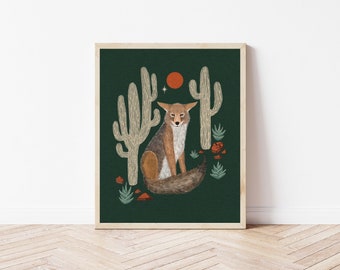 Coyote, Moon, and Star Nature Art Print - Cactus and Desert Nighttime Illustration - Witchy, Celestial, Southwestern Cottagecore Wall Décor