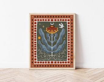 Blanket Flower and White Crow Folk Art Print - Botanical Garden Illustration - Witchy, Celestial, Cottagecore Wall Décor - 8x10