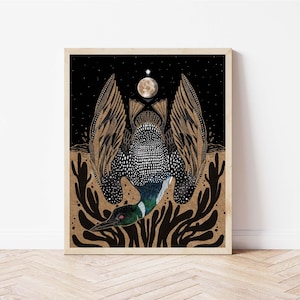 May include: An art print featuring a stylized illustration of a bird in flight against a night sky. The artwork includes a full moon, stars, and detailed wing patterns in shades of brown, black, and white. The print is framed in a light-colored wooden frame.