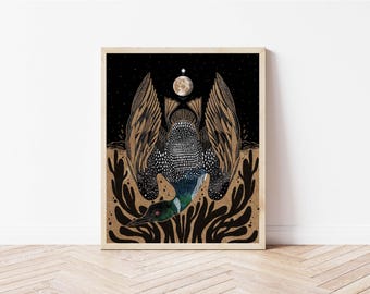 Loon and Full Moon Folk Art Nature Print - Whimsical Bird Art - Common Loon Gallery Wall Decor