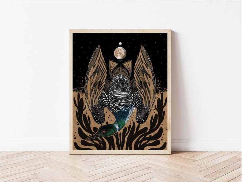 May include: A framed art print featuring a stylized loon with outstretched wings, set against a black starry sky with a full moon. The bird has intricate white and gold patterns on its feathers, a dark green neck, and is surrounded by black aquatic plants.