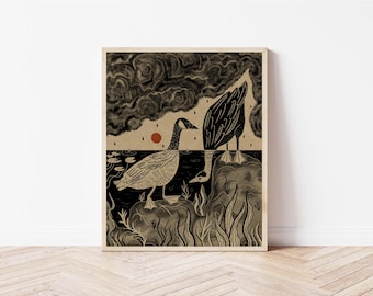 Canada Geese Bird Print - Goose and Storm Clouds Folk Art Nature Print - Goose Illustration - Witchy Celestial Cottagecore Wall Décor