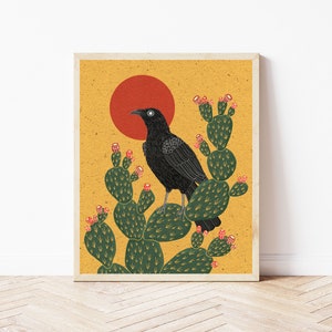 Desert Crow and Cactus Art Print - Gothic Raven Wall Décor - Southwestern Style Black Bird Illustration - Macabre Nature Print - Sunset Art