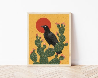 Desert Crow and Cactus Art Print - Gothic Raven Wall Décor - Southwestern Style Black Bird Illustration - Macabre Nature Print - Sunset Art