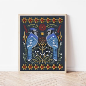 Twin Blue Jays and Botanicals - Bird and Florals Wall Décor - Blue Jay Folk Art Nature Print - Bird Art