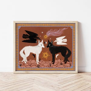 Wolves and Crows Folk Art Nature Print - Coyote Desert Illustration - Witchy, Celestial, Southwestern Cottagecore Wall Décor - Dog Art