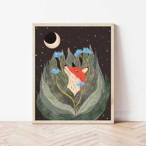 Celestial Fox in the Cornflowers Illustration, Animal Lover's Art Print, Witchy Dark Cottagecore Wall Décor, Fox and Crescent Moon Folk Art