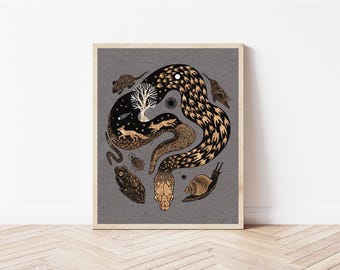 Night Snake and Prey Folk Art Nature Print - Spooky Wall Décor - Whimsical Wall Art