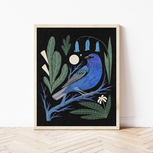 Indigo Bunting and Moon Folk Art Nature Print - Boho Bird Wall Décor - Floral Nature Illustration - Bright and Colorful Whimsical Wall Art