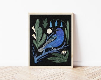 Indigo Bunting and Moon Folk Art Nature Print - Boho Bird Wall Décor - Floral Nature Illustration - Bright and Colorful Whimsical Wall Art