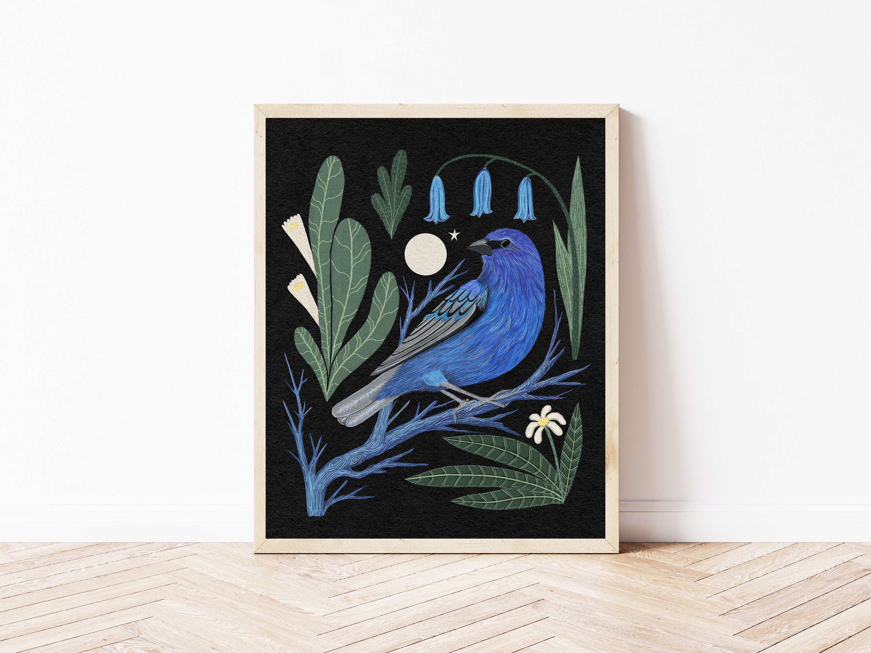 Indigo Bunting and Moon Folk Art Nature Print - Boho Bird Wall Décor - Floral Nature Illustration - Bright and Colorful Whimsical Wall Art