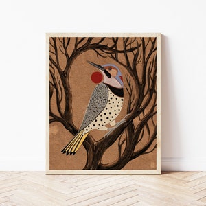Northern Flicker Bird Art Print - Folk Art Bird and Nature Illustration - Witchy, Celestial, Birder Gift Wall Décor