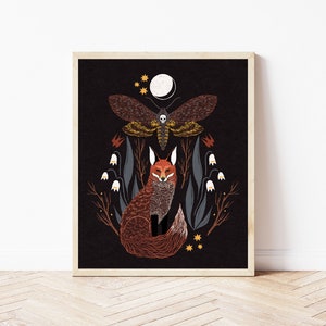 Fox and Death's Head Moth Botanical Illustration - Fall Floral Garden Wall Décor - Waning Gibbous Moon, Fox, Moth Folk Art Print