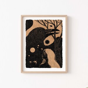 May include: A black and white illustration of a raven with a woman's face in the background. The raven is perched on a branch with a moon and stars in the sky. The image is on a beige background.
