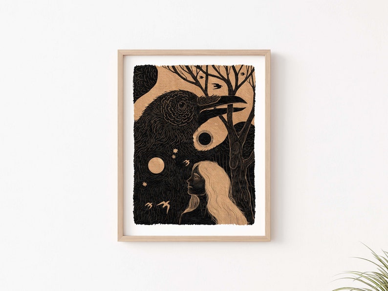 May include: A black and white illustration of a raven with a woman's face in the background. The raven is perched on a branch with a moon and stars in the sky. The image is on a beige background.