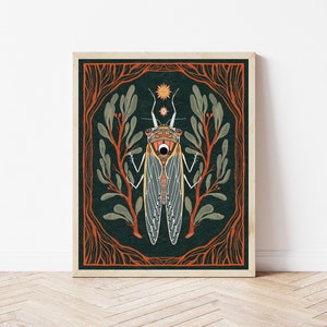 May include: A digital illustration of a cicada with a dark green background and an orange frame. The cicada is surrounded by stylized branches with green leaves. The cicada has a large, round eye and a long, thin body.
