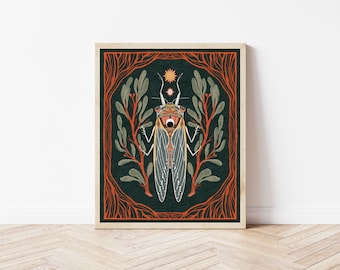 Cicada, Sun, and Oak Folk Art Nature Print - Cottagecore Bug Wall Décor - Vibrant Boho Insect Art, Celestial Illustration, Rustic Witchy Art