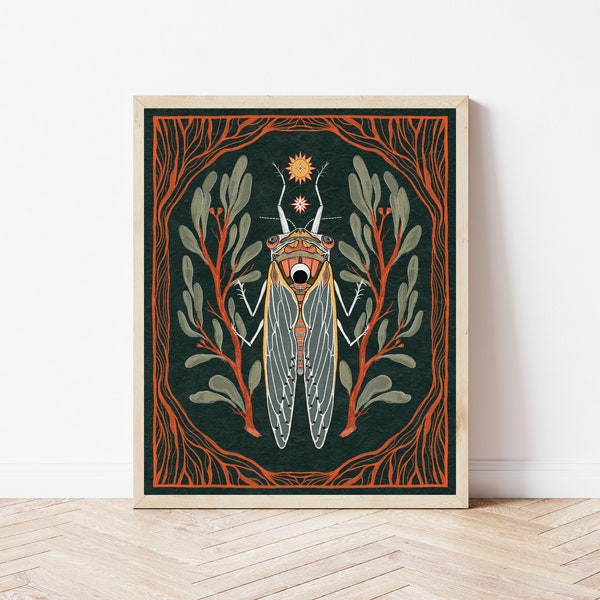 Cicada, Sun, and Oak Folk Art Nature Print - Cottagecore Bug Wall Décor - Vibrant Boho Insect Art, Celestial Illustration, Rustic Witchy Art