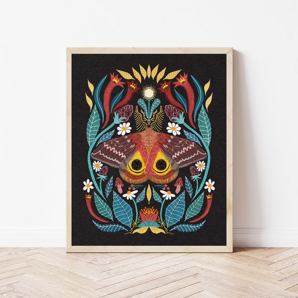 Io Moth Folk Art Print - Io Moth and Blackberry Illustration - Boho Moth and Botanicals Art Print