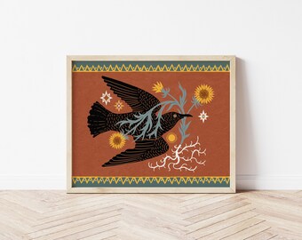 Crow and Dandelion Folk Art Nature Print - Cottagecore Bird Wall Décor - Vibrant Boho Animal Art, Celestial Illustration, Southwestern Color