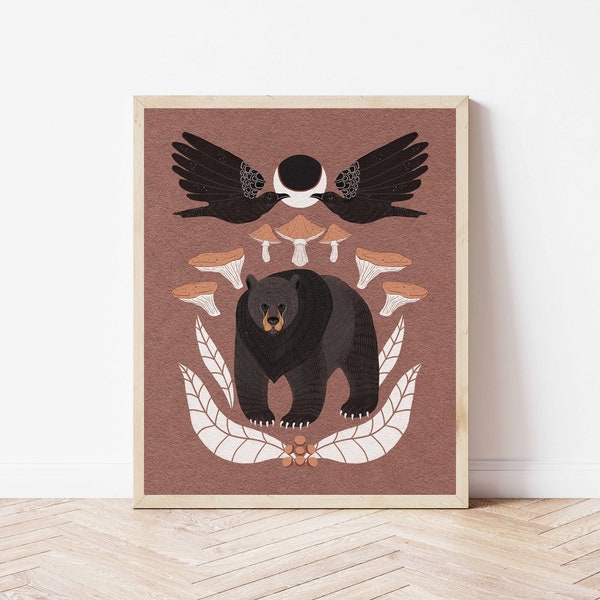 Bear, Crows, and Mushroom Botanical Art Print - Nature Lover's Crescent Moon Wall Décor - Wild Whimsical Folk Art Black Bear and Bird Art