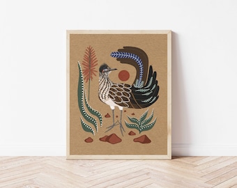 Roadrunner, Sun, and Aloe Nature Art Print - Cactus and Desert Illustration - Witchy, Celestial, Southwestern Cottagecore Wall Décor