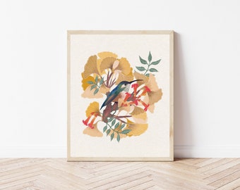 Hummingbird Art Print: Gingko, Trumpet Vine, and Floral Illustration