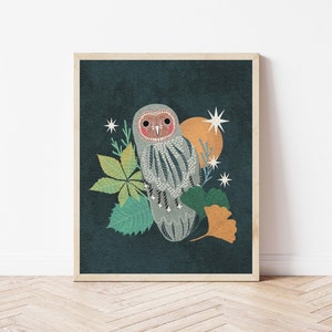 Folk Art Spotted Owl and Moon Illustration - Botanical Forest Night Owl and Gingko Leaves Art Print - Whimsical Bird Lover's Art Wall Décor