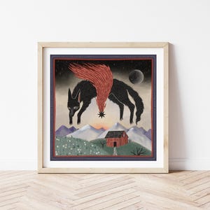 May include: A framed illustration of a black wolf with red flames leaping over a small red barn in a snowy landscape. The wolf is silhouetted against a starry night sky with a crescent moon.