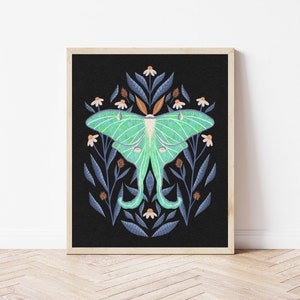 Luna Moth and Bidens Alba Flowers Nature Print Illustration - Insect Botanical Art Print - Witchy, Celestial, Dark Cottagecore Wall Décor