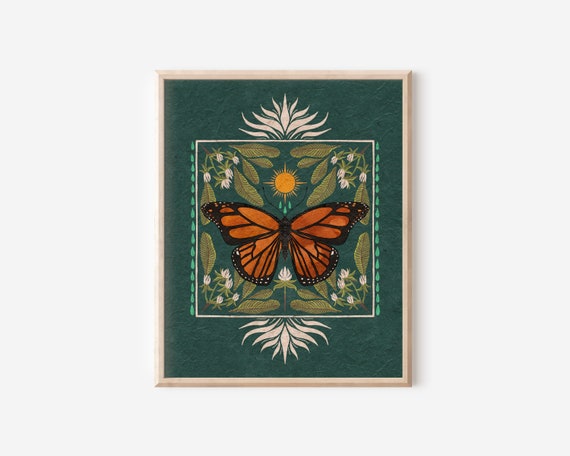 Boho Monarch Butterfly Art, Floral Folk Art and Butterfly Illustration, Native Milkweed and Sun Insect Wall Décor, Flora and Fauna Print