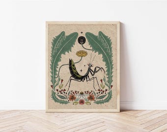 Mantis and Dandelion Folk Art Nature Print - Whimsical Bug Art - Insect Gallery Wall Decor