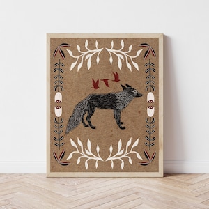 Folk Art Wolf and Birds Art Print - Woodland Creatures Wall Décor - Fox Folk Art Print, Witchy Illustration, Scandinavian Folk Art