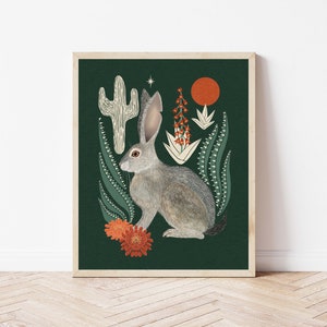 Hare, Moon, and Star Nature Art Print - Cactus and Desert Nighttime Illustration - Witchy, Celestial, Southwestern Cottagecore Wall Décor
