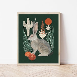 Lámina artística de naturaleza: Liebre, luna y estrellas - Ilustración nocturna de cactus y desierto - Decoración de pared con temática de brujería, celestial y cottagecore del suroeste