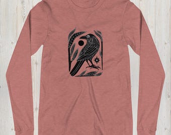 TWO SMALLS LEFT - Raven and Moon Unisex Long Sleeve Shirt - Witchy Apparel - Cottagecore Winter Clothing