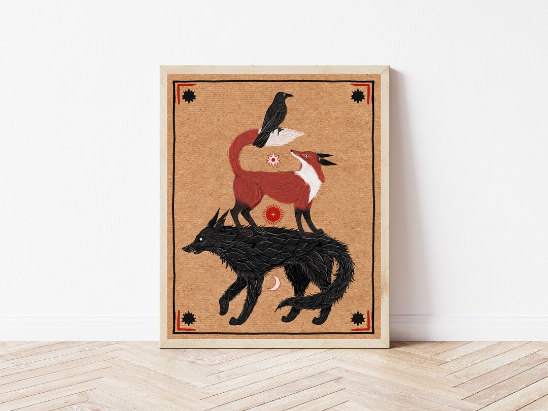 Wolf, Fox, and Crow Folk Art Nature Print Cottagecore Animal Wall Décor