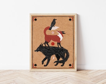 Wolf, Fox, and Crow Folk Art Nature Print - Cottagecore Animal Wall Décor - Wolf Folk Art Print, Celestial Nature Illustration