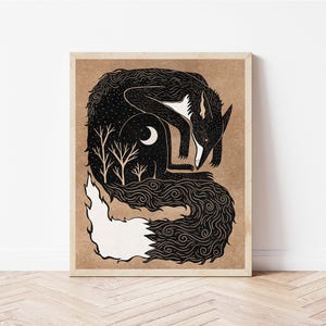 May include: Black and white illustration of a fox curled up with its tail wrapped around its body. The fox's fur is filled with swirling patterns and a crescent moon is visible in the background.