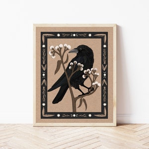 Folk Art Crow and Snowberry Nature Print - Bird Print - Witchy Cottagecore Art - Gothic Raven Wall Décor