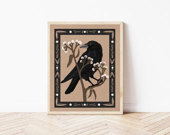 Folk Art Crow and Snowberry Nature Print - Bird Print - Witchy Cottagecore Art - Gothic Raven Wall Décor