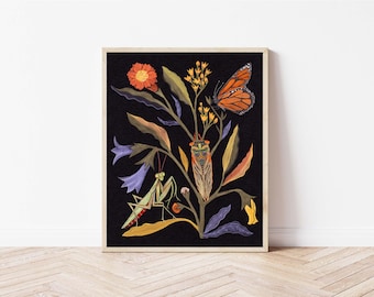 Cicada, Mantis, and Monarch Butterfly Folk Art Nature Print - Cottagecore Bug Wall Décor - Vibrant Boho Insect Art