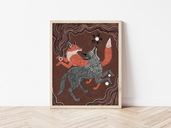 Fox and Wolf Folk Art Print: Cottagecore Nature Wall Decor - Etsy