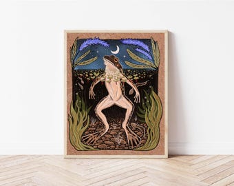 Frog and Moon Folk Art Nature Print - Magical Nature Prints - Witchy Whimsical Illustration - Spooky Lunar Wall Décor - Tadpoles Art