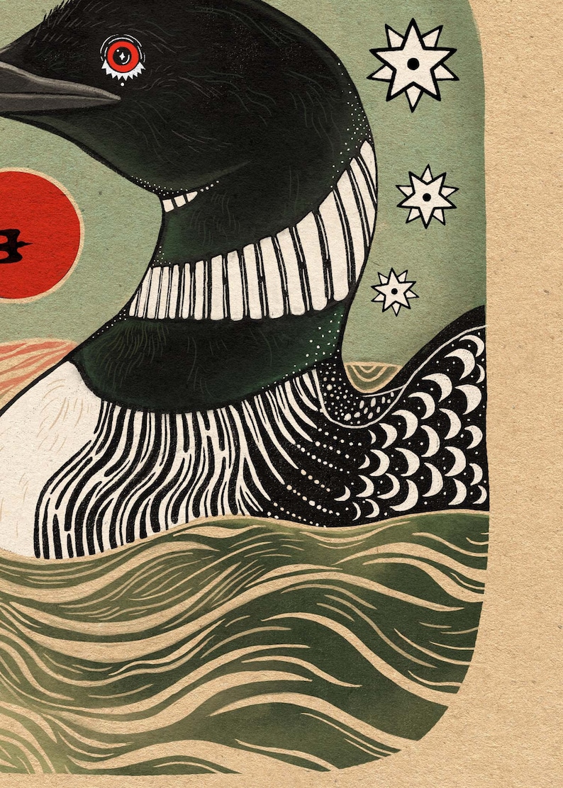 May include: A stylized illustration of a black and white loon swimming in green water. The bird features intricate patterns on its neck and wings, a red eye, and a red sun in the background. Three white star shapes are positioned above the bird.