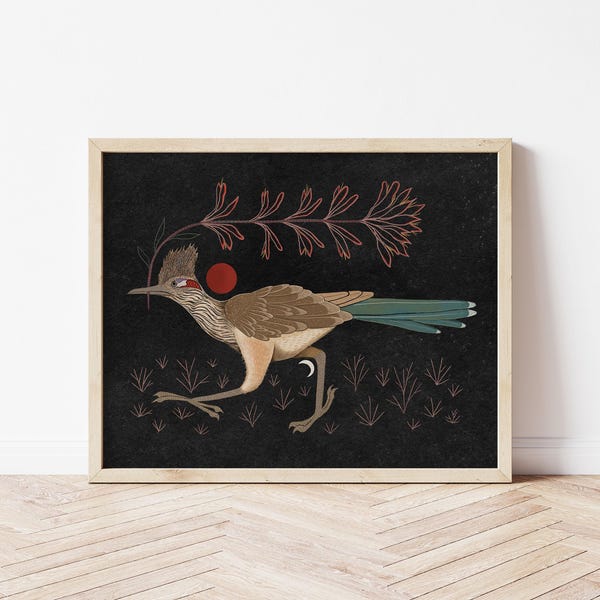 Roadrunner and Desert Paintbrush  - Desert Illustration - Witchy, Celestial, Southwestern Cottagecore Wall Décor