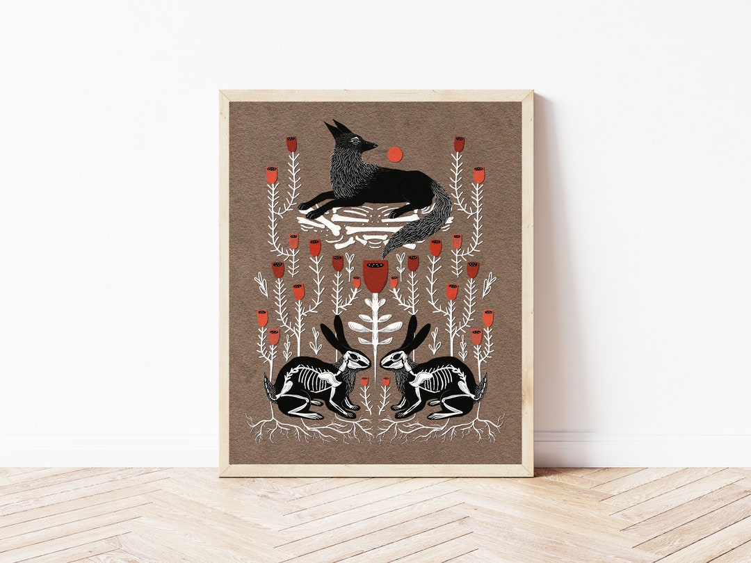 Folk Art Wolf and Rabbits Dark Cottagecore Animal Wall Décor Medieval Inspired Wolf Folk Art