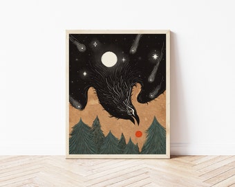 Folk Art Crow and Sun Art Print - Bird Art Print - Folklore Cottagecore Art - Gothic Raven Wall Décor