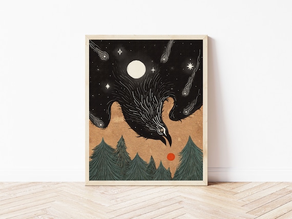 Folk Art Crow and Sun Art Print - Bird Art Print - Folklore Cottagecore Art - Gothic Raven Wall Décor