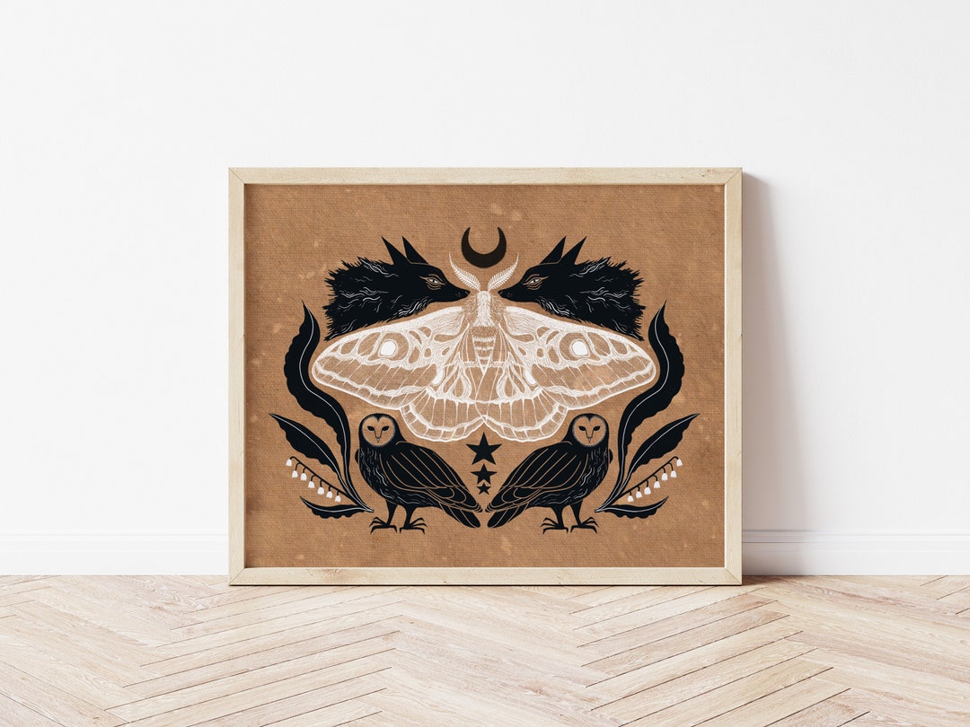 Folk Art Wolf Print Woodland Creatures Nature Art Cottagecore Wall Décor Witchy Animal Art